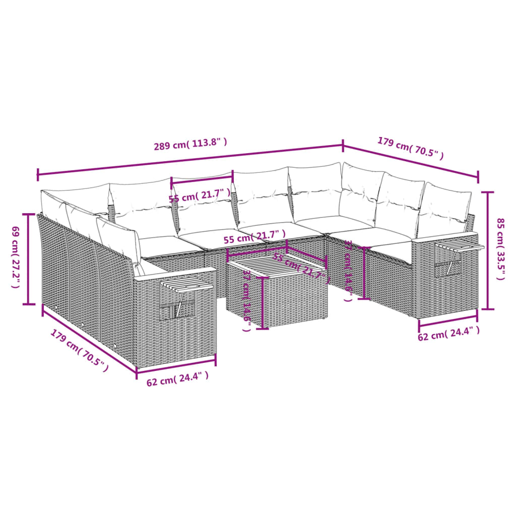 10-tlg. Garten-Sofagarnitur mit Kissen Schwarz Poly Rattan - Pazzar.ch