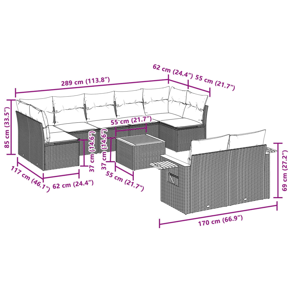 10-tlg. Garten-Sofagarnitur mit Kissen Schwarz Poly Rattan - Pazzar.ch