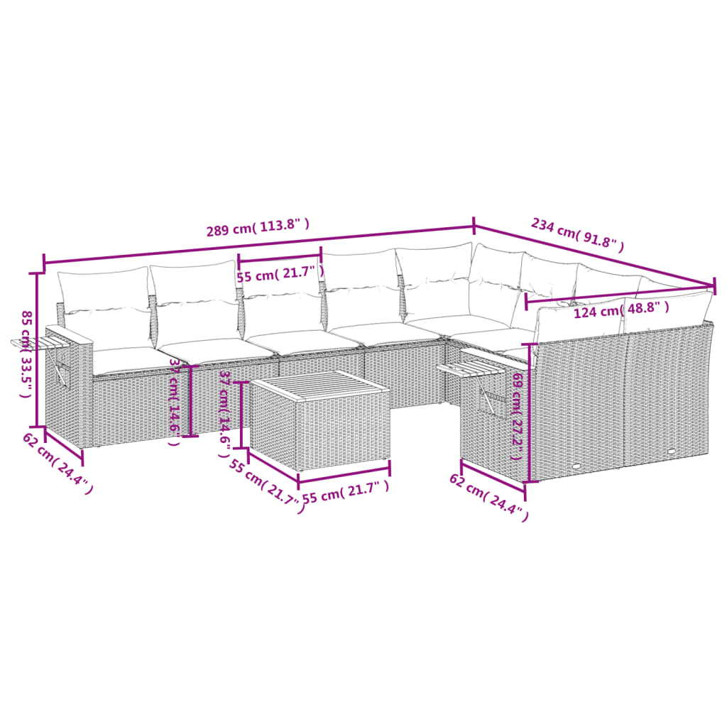 10-tlg. Garten-Sofagarnitur mit Kissen Beige Poly Rattan - Pazzar.ch