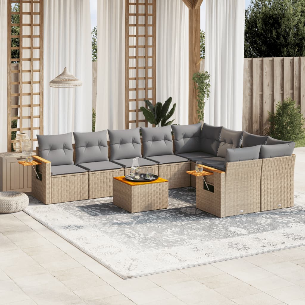 10-tlg. Garten-Sofagarnitur mit Kissen Beige Poly Rattan - Pazzar.ch