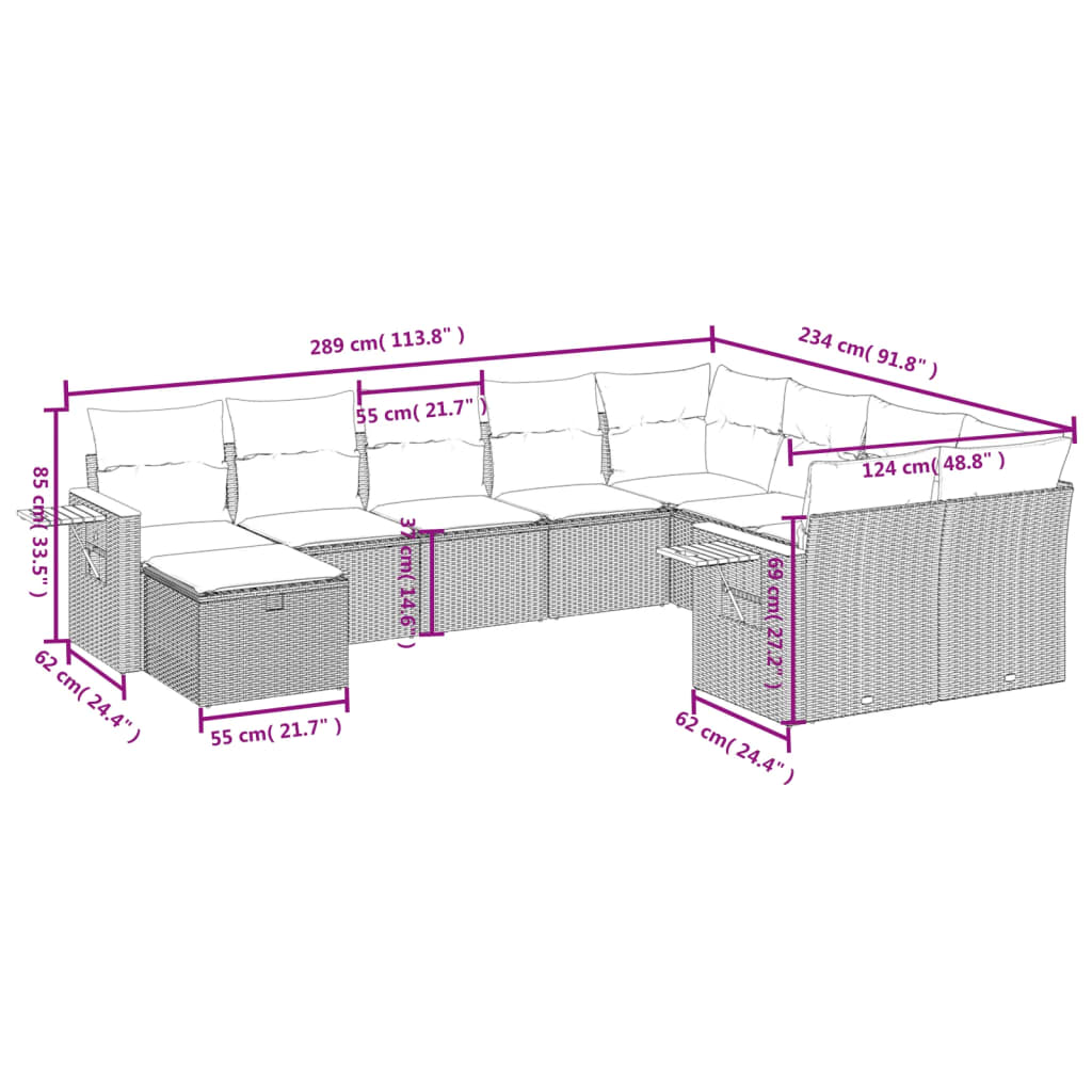 10-tlg. Garten-Sofagarnitur mit Kissen Beige Poly Rattan - Pazzar.ch