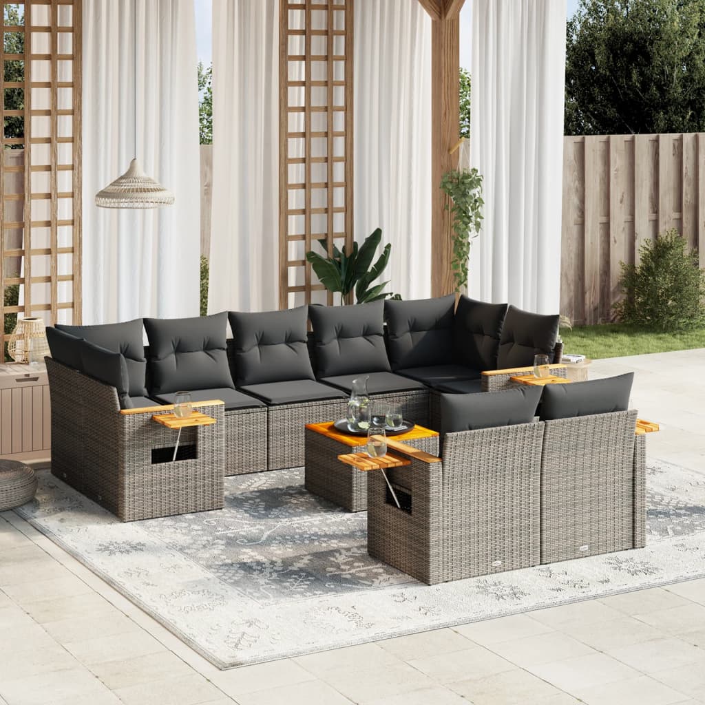 10-tlg. Garten-Sofagarnitur mit Kissen Grau Poly Rattan - Pazzar.ch