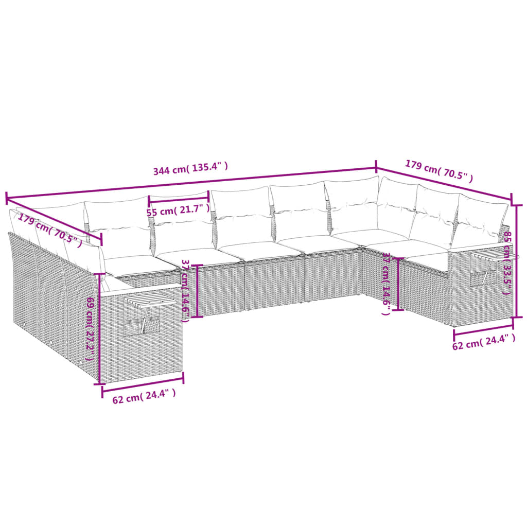 10-tlg. Garten-Sofagarnitur mit Kissen Schwarz Poly Rattan - Pazzar.ch