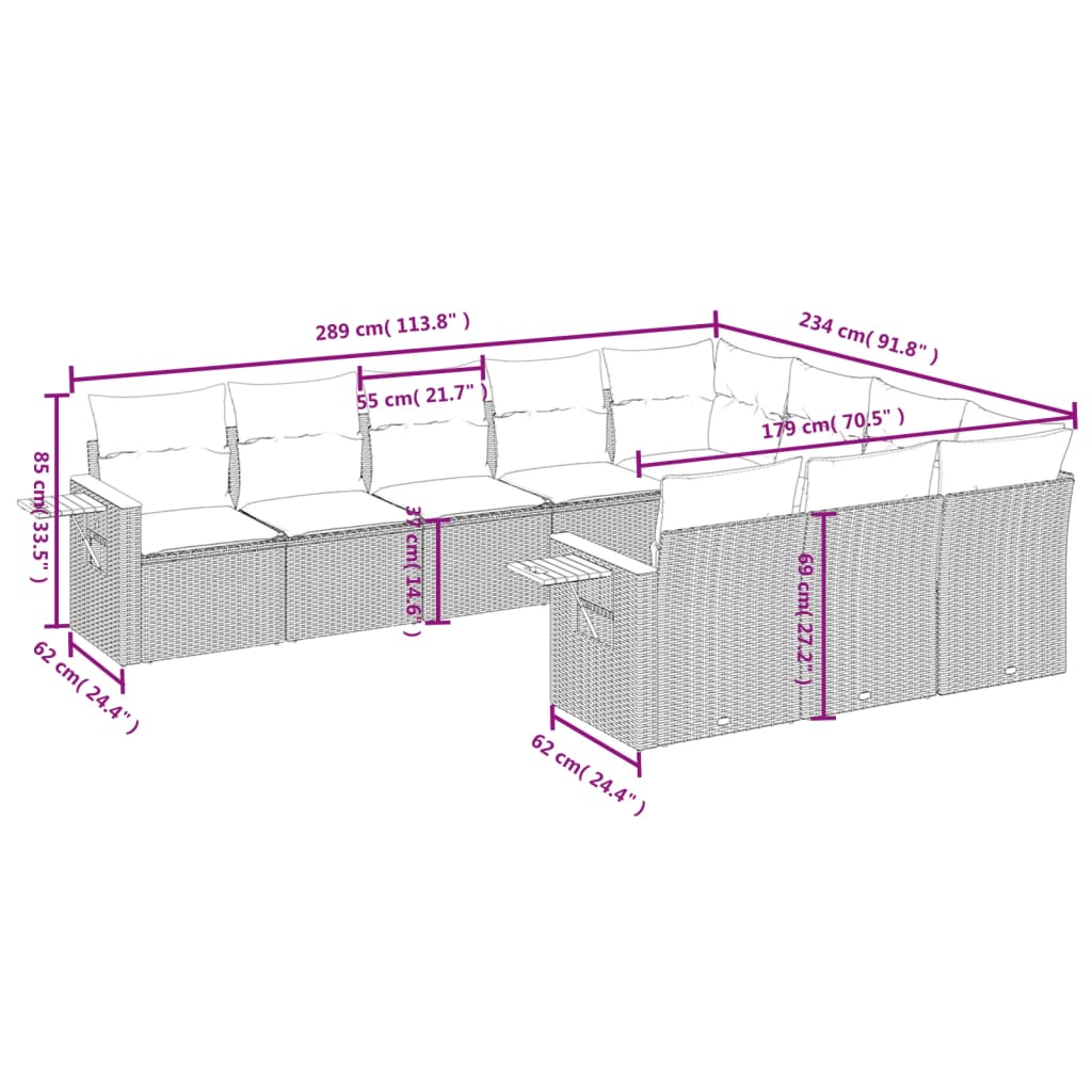 10-tlg. Garten-Sofagarnitur mit Kissen Grau Poly Rattan - Pazzar.ch