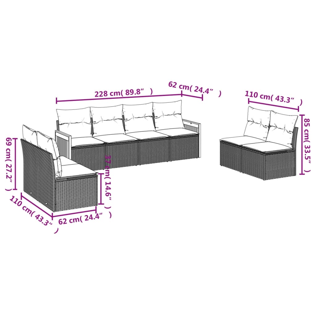 8-tlg. Garten-Sofagarnitur mit Kissen Grau Poly Rattan - Pazzar.ch