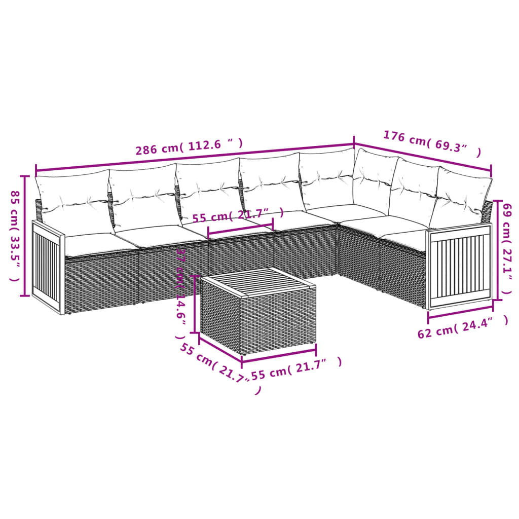 8-tlg. Garten-Sofagarnitur mit Kissen Grau Poly Rattan