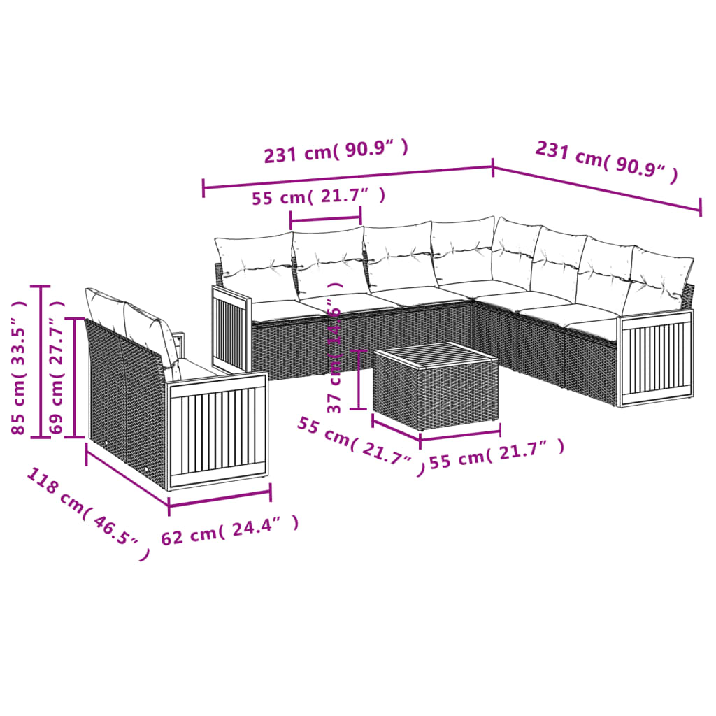 10-tlg. Garten-Sofagarnitur mit Kissen Schwarz Poly Rattan - Pazzar.ch