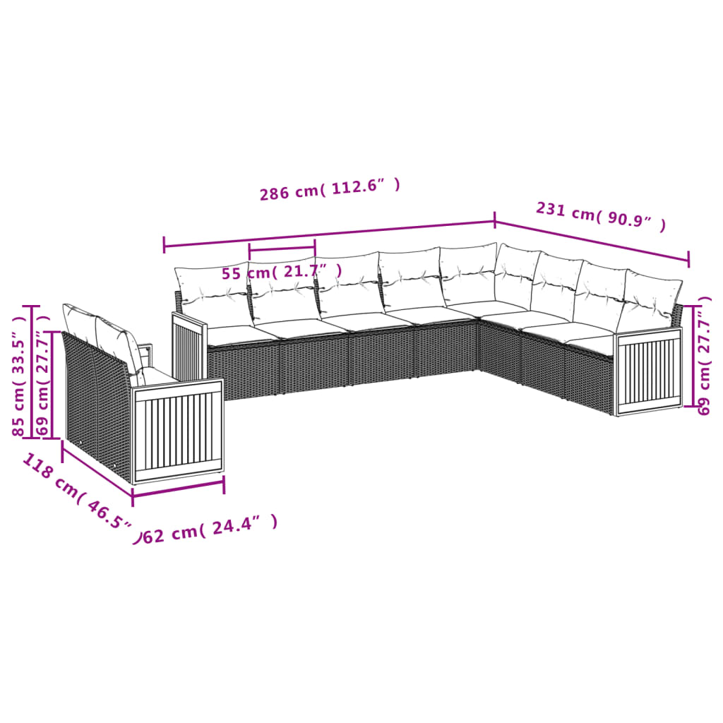 10-tlg. Garten-Sofagarnitur mit Kissen Schwarz Poly Rattan - Pazzar.ch