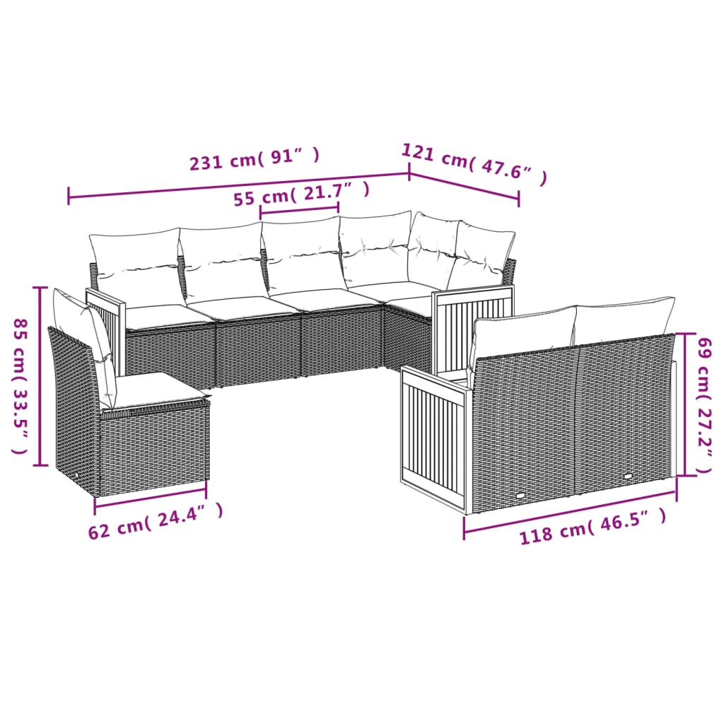 8-tlg. Garten-Sofagarnitur mit Kissen Grau Poly Rattan - Pazzar.ch