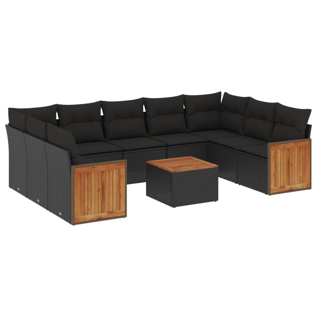 10-tlg. Garten-Sofagarnitur mit Kissen Schwarz Poly Rattan