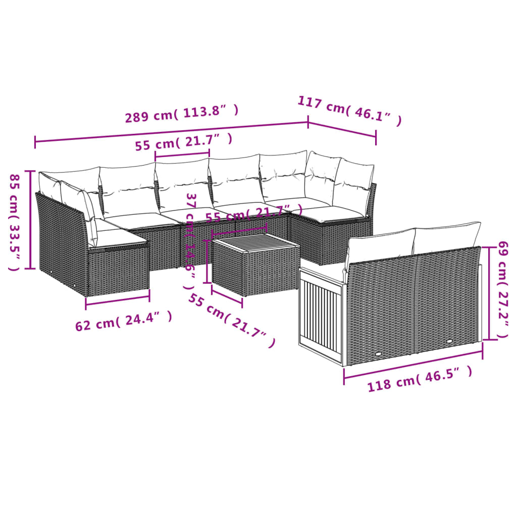 10-tlg. Garten-Sofagarnitur mit Kissen Schwarz Poly Rattan - Pazzar.ch