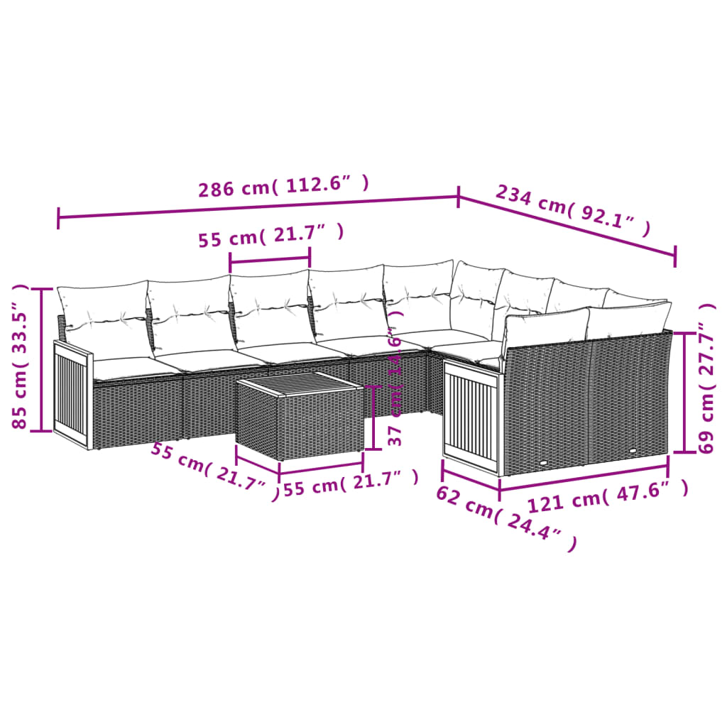 10-tlg. Garten-Sofagarnitur mit Kissen Grau Poly Rattan - Pazzar.ch