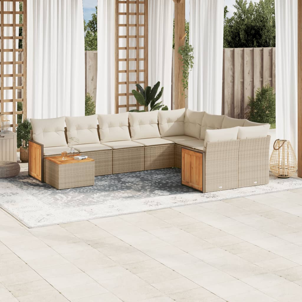 10-tlg. Garten-Sofagarnitur mit Kissen Beige Poly Rattan