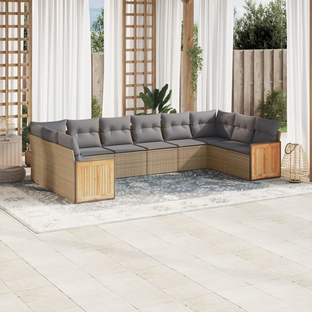 10-tlg. Garten-Sofagarnitur mit Kissen Beige Poly Rattan - Pazzar.ch