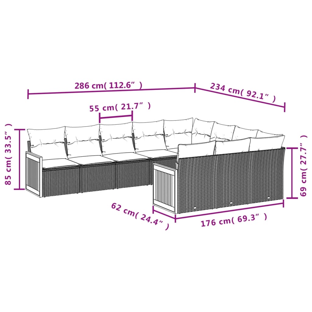 10-tlg. Garten-Sofagarnitur mit Kissen Schwarz Poly Rattan - Pazzar.ch