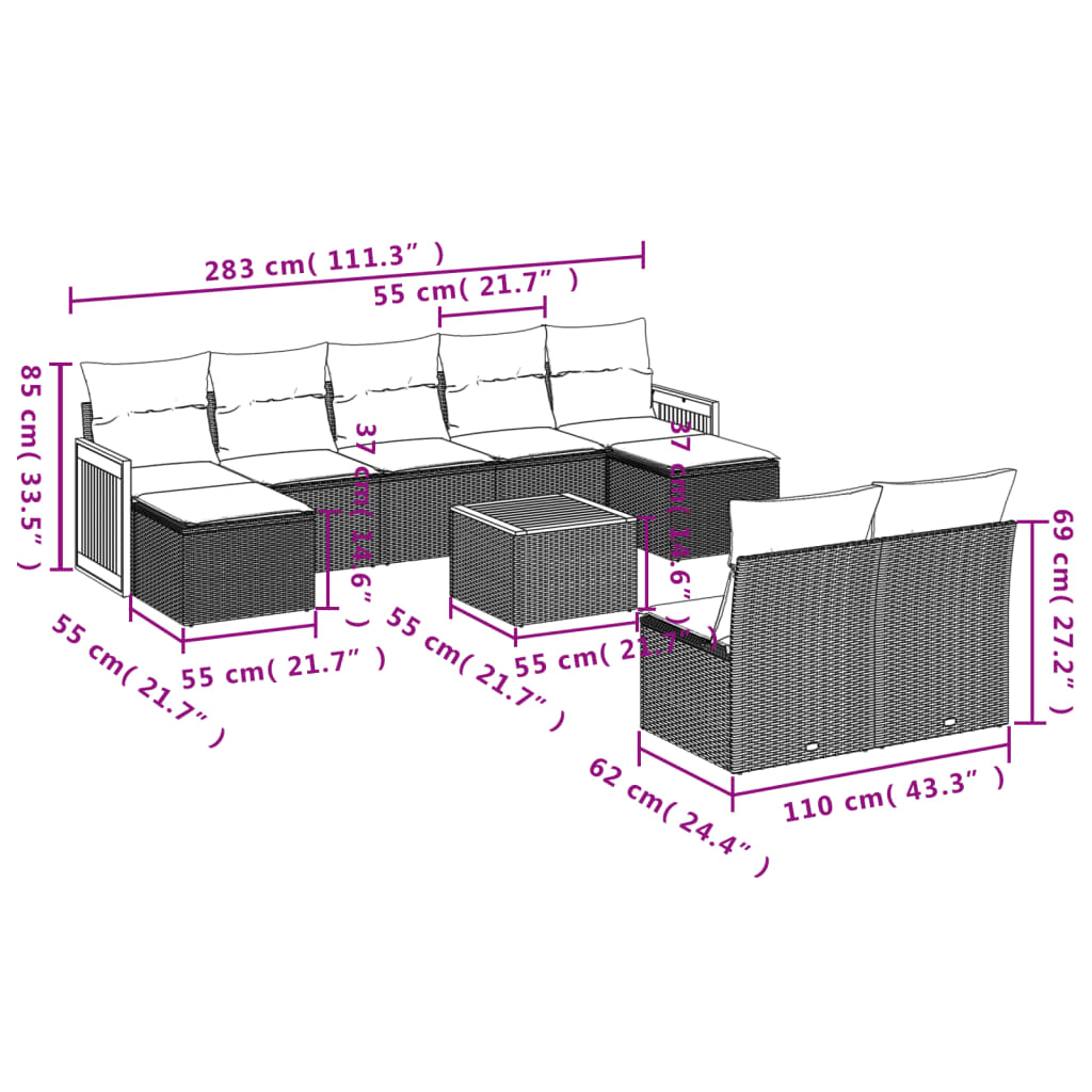 10-tlg. Garten-Sofagarnitur mit Kissen Grau Poly Rattan - Pazzar.ch