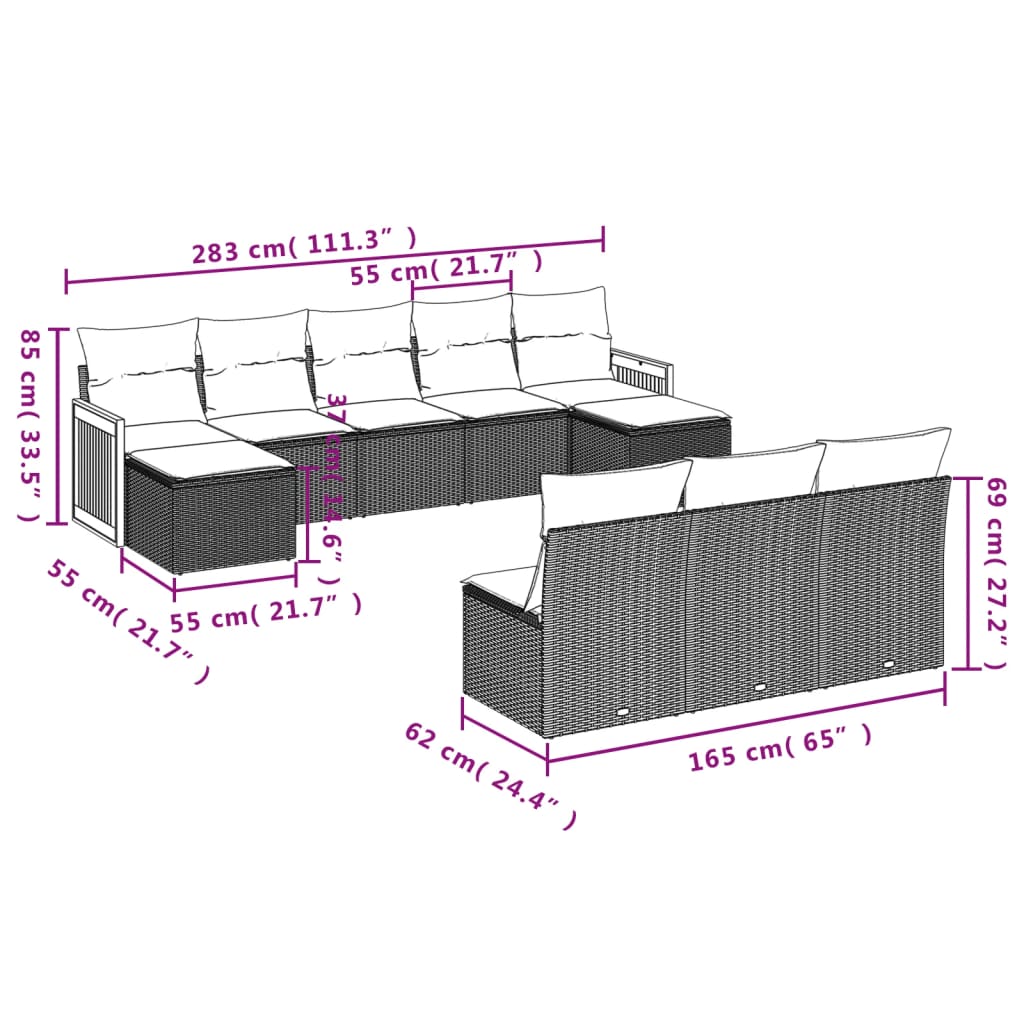 10-tlg. Garten-Sofagarnitur mit Kissen Schwarz Poly Rattan - Pazzar.ch