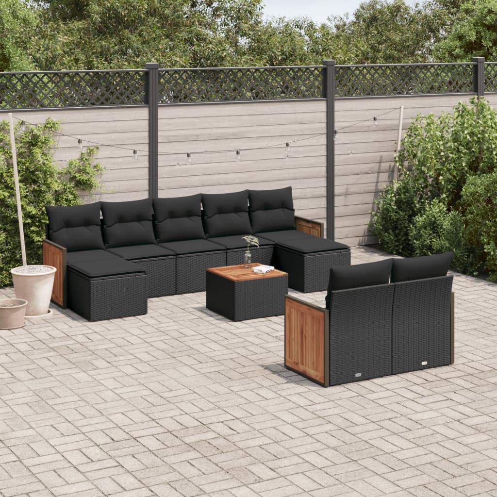 10-tlg. Garten-Sofagarnitur mit Kissen Schwarz Poly Rattan - Pazzar.ch