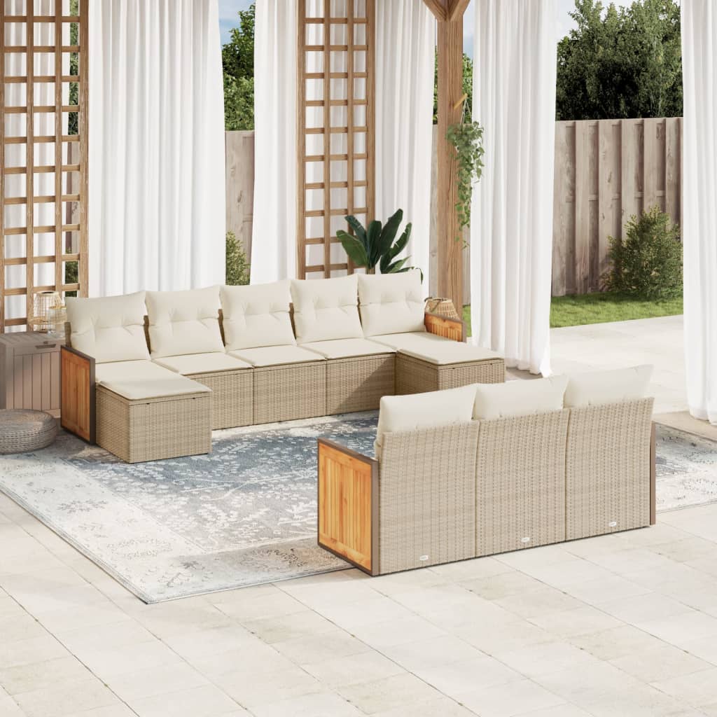 10-tlg. Garten-Sofagarnitur mit Kissen Beige Poly Rattan - Pazzar.ch