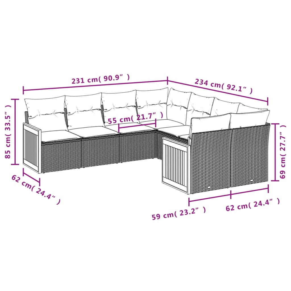 8-tlg. Garten-Sofagarnitur mit Kissen Grau Poly Rattan - Pazzar.ch