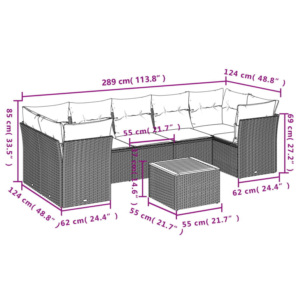 8-tlg. Garten-Sofagarnitur mit Kissen Grau Poly Rattan - Pazzar.ch