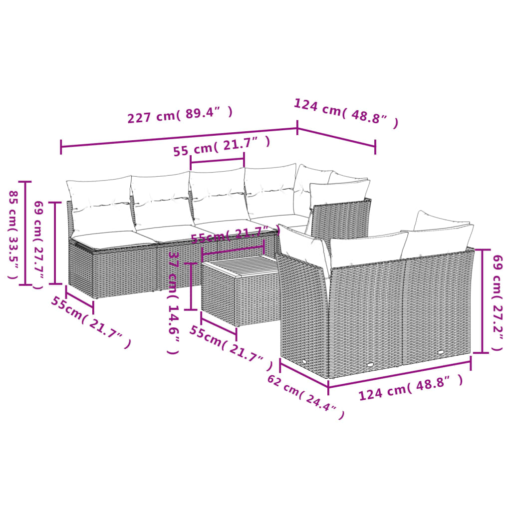8-tlg. Garten-Sofagarnitur mit Kissen Grau Poly Rattan - Pazzar.ch