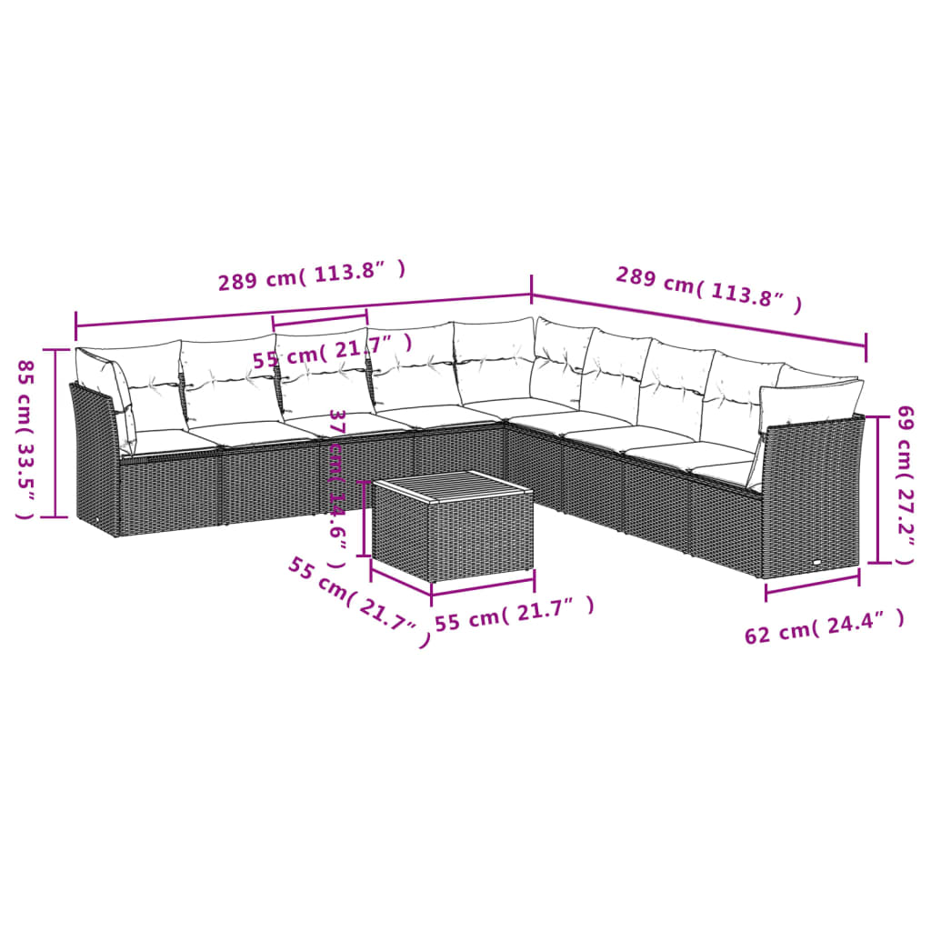 10-tlg. Garten-Sofagarnitur mit Kissen Schwarz Poly Rattan - Pazzar.ch