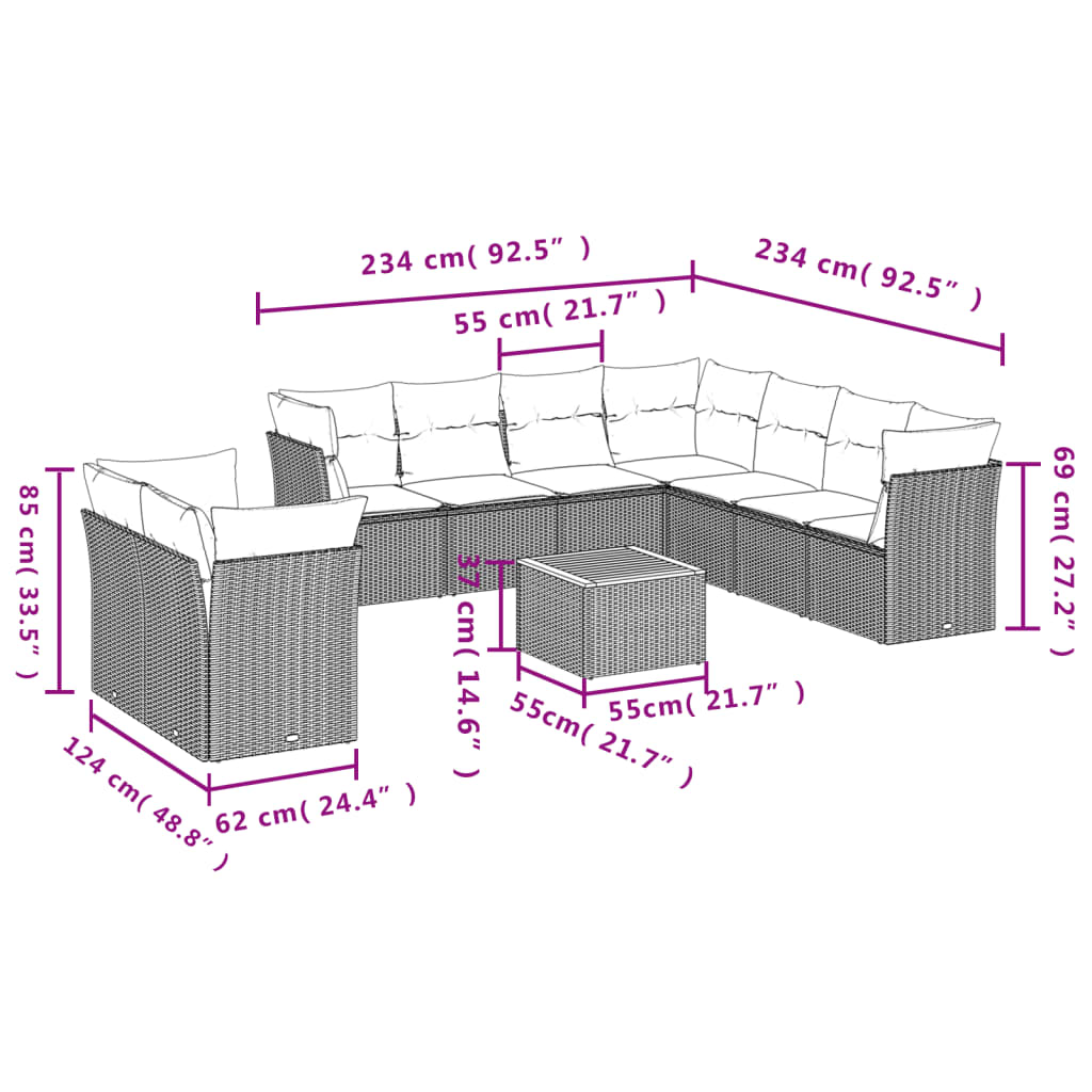 10-tlg. Garten-Sofagarnitur mit Kissen Schwarz Poly Rattan - Pazzar.ch