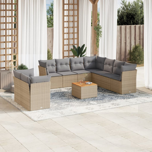 10-tlg. Garten-Sofagarnitur mit Kissen Beige Poly Rattan - Pazzar.ch