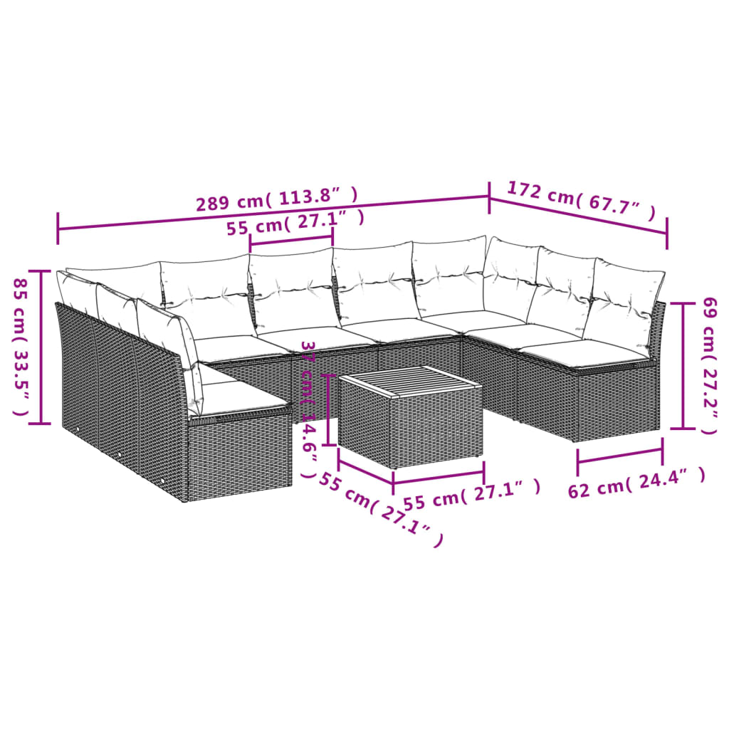 10-tlg. Garten-Sofagarnitur mit Kissen Schwarz Poly Rattan - Pazzar.ch