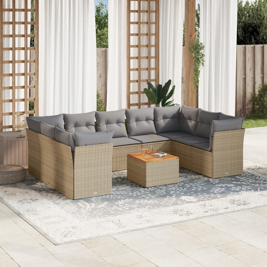 10-tlg. Garten-Sofagarnitur mit Kissen Beige Poly Rattan - Pazzar.ch