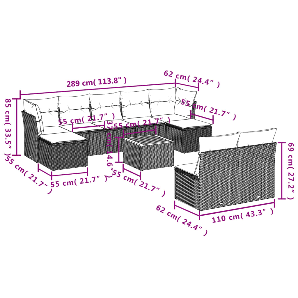 10-tlg. Garten-Sofagarnitur mit Kissen Schwarz Poly Rattan - Pazzar.ch