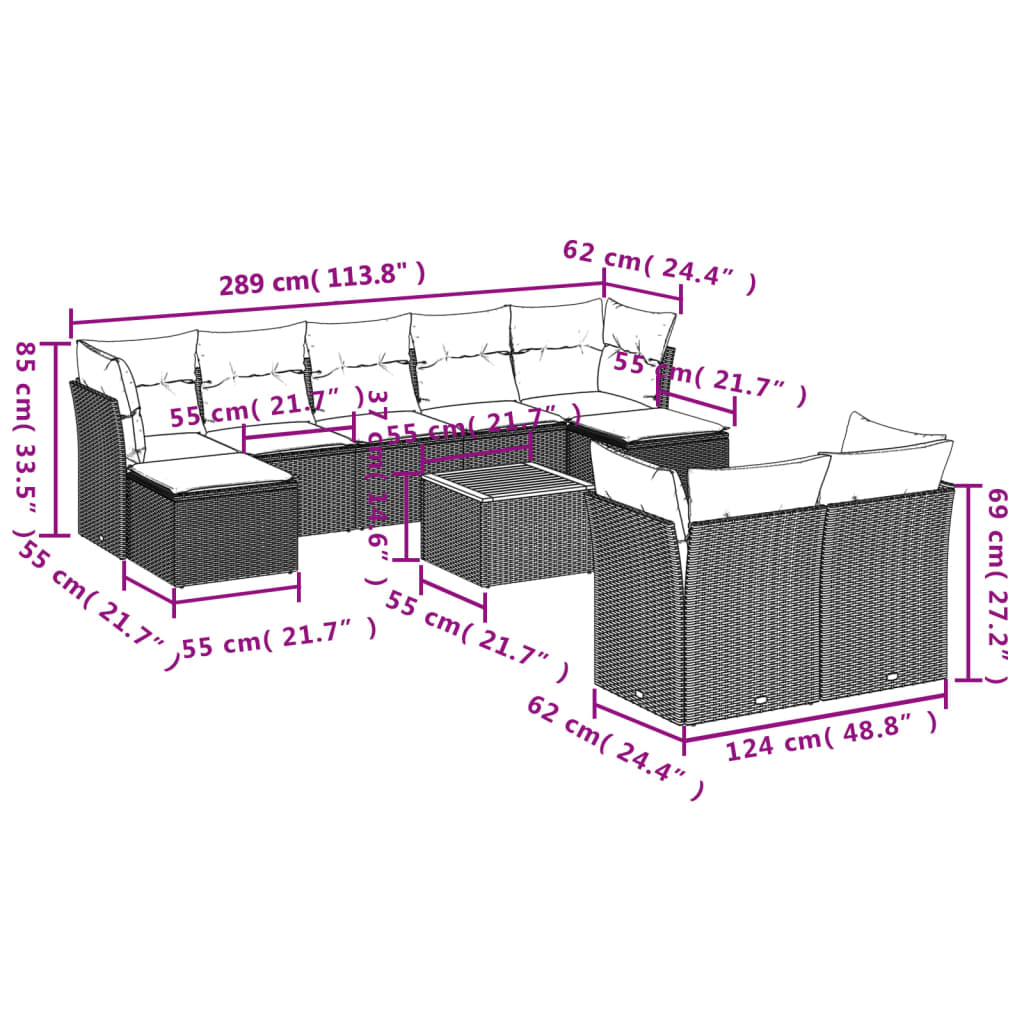 10-tlg. Garten-Sofagarnitur mit Kissen Schwarz Poly Rattan - Pazzar.ch