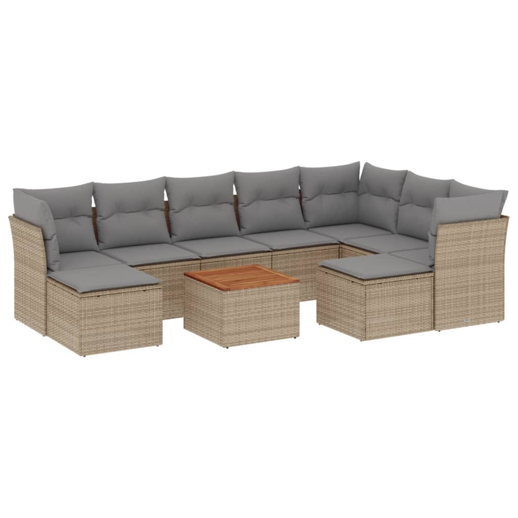 10-tlg. Garten-Sofagarnitur mit Kissen Beige Poly Rattan