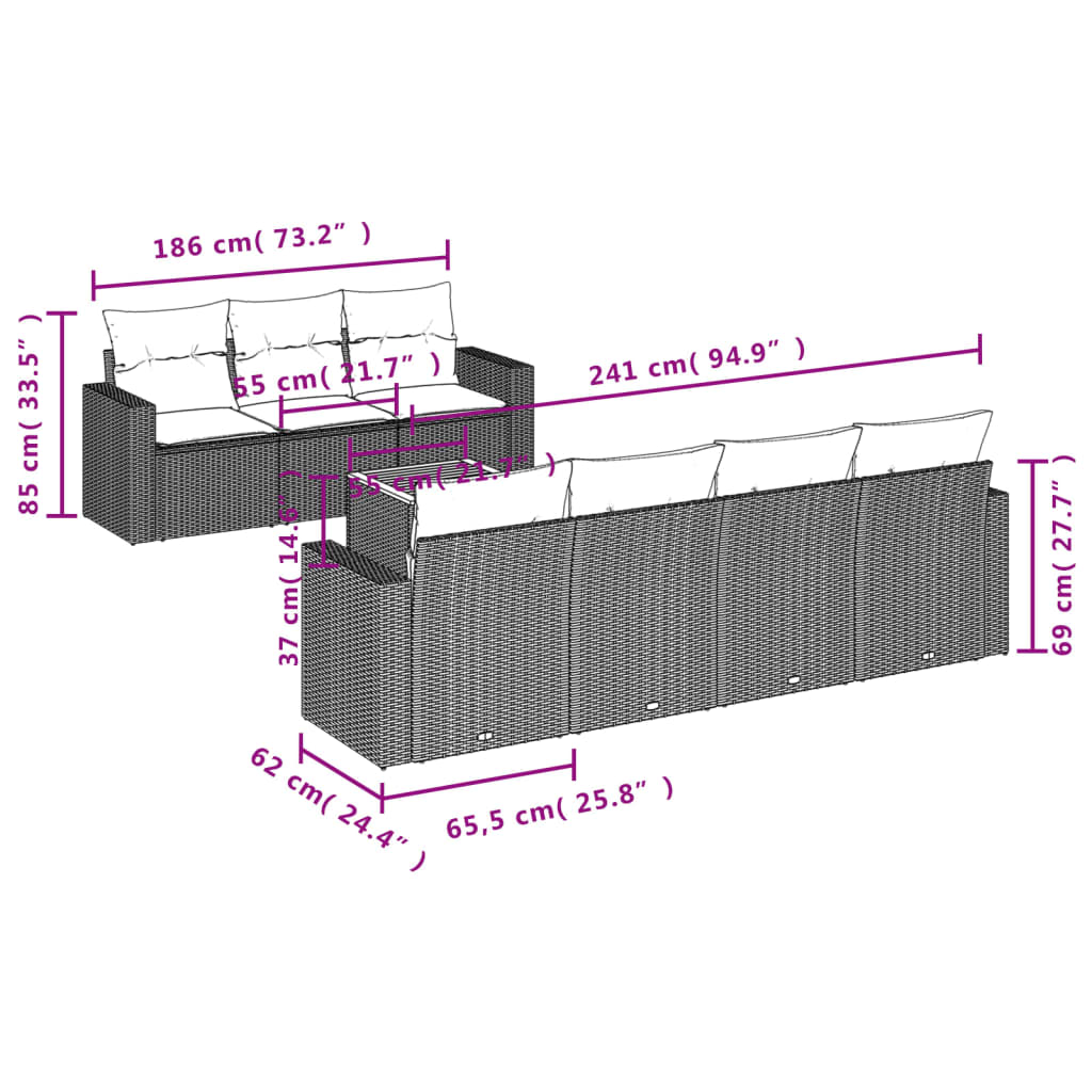 8-tlg. Garten-Sofagarnitur mit Kissen Grau Poly Rattan - Pazzar.ch