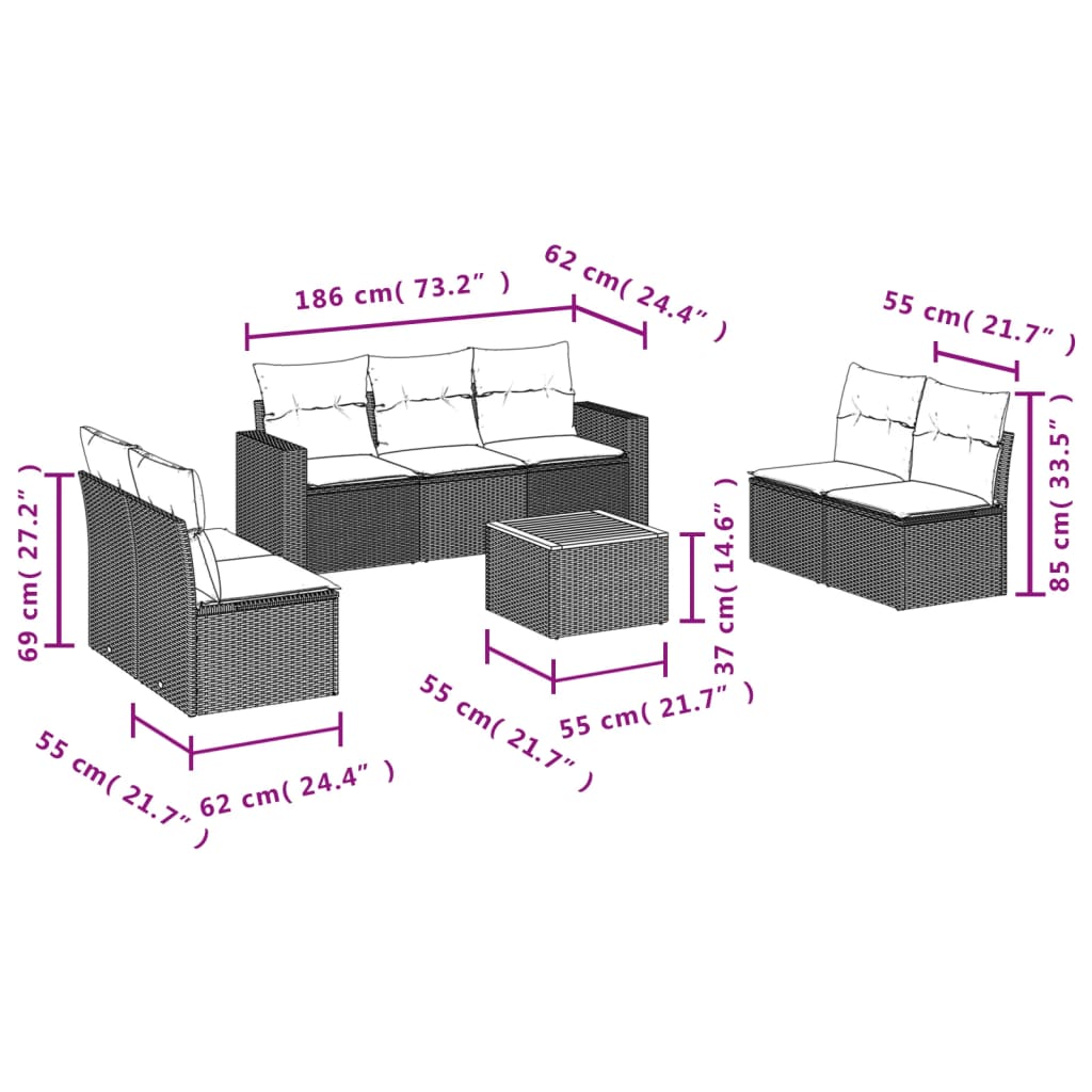 8-tlg. Garten-Sofagarnitur mit Kissen Grau Poly Rattan - Pazzar.ch