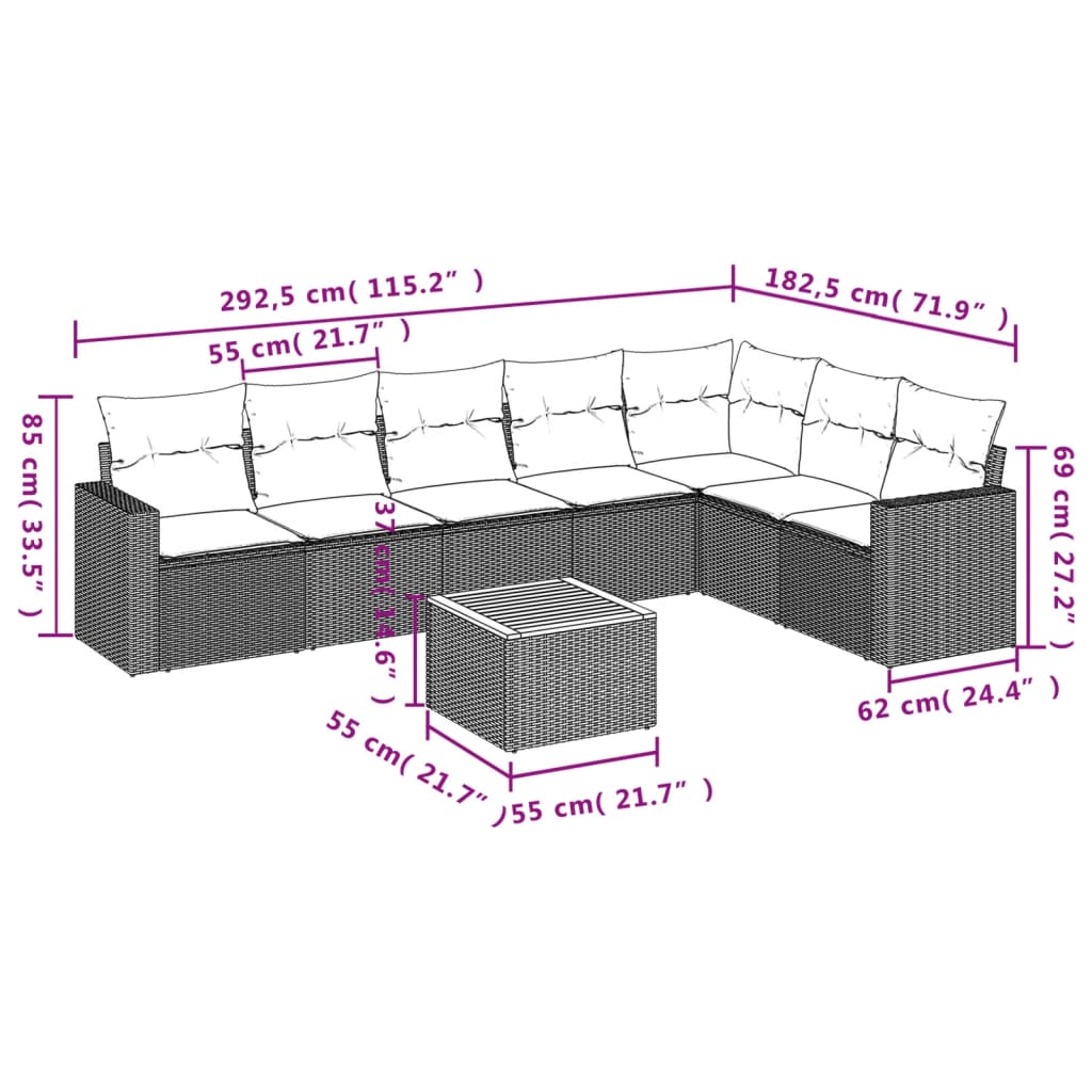 8-tlg. Garten-Sofagarnitur mit Kissen Grau Poly Rattan