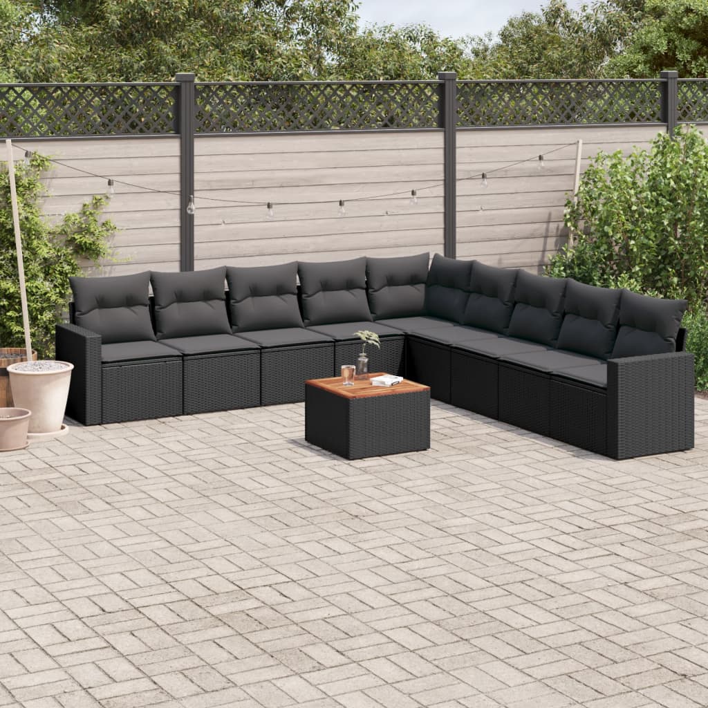 10-tlg. Garten-Sofagarnitur mit Kissen Schwarz Poly Rattan