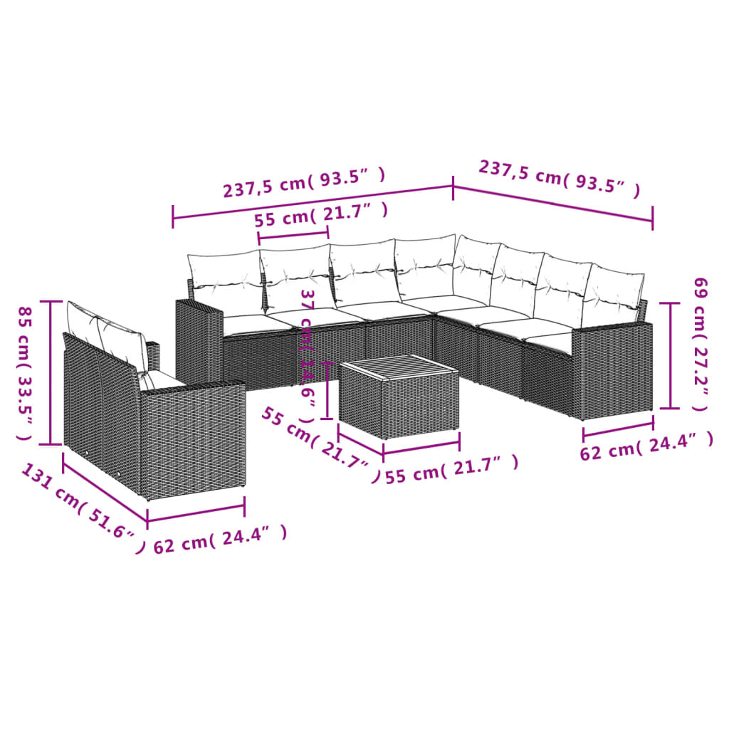 10-tlg. Garten-Sofagarnitur mit Kissen Schwarz Poly Rattan - Pazzar.ch