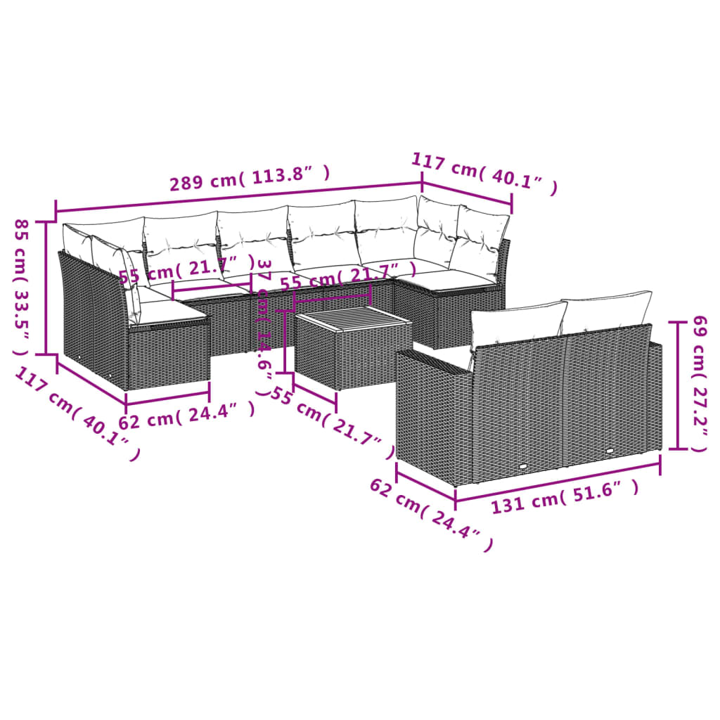 10-tlg. Garten-Sofagarnitur mit Kissen Schwarz Poly Rattan - Pazzar.ch