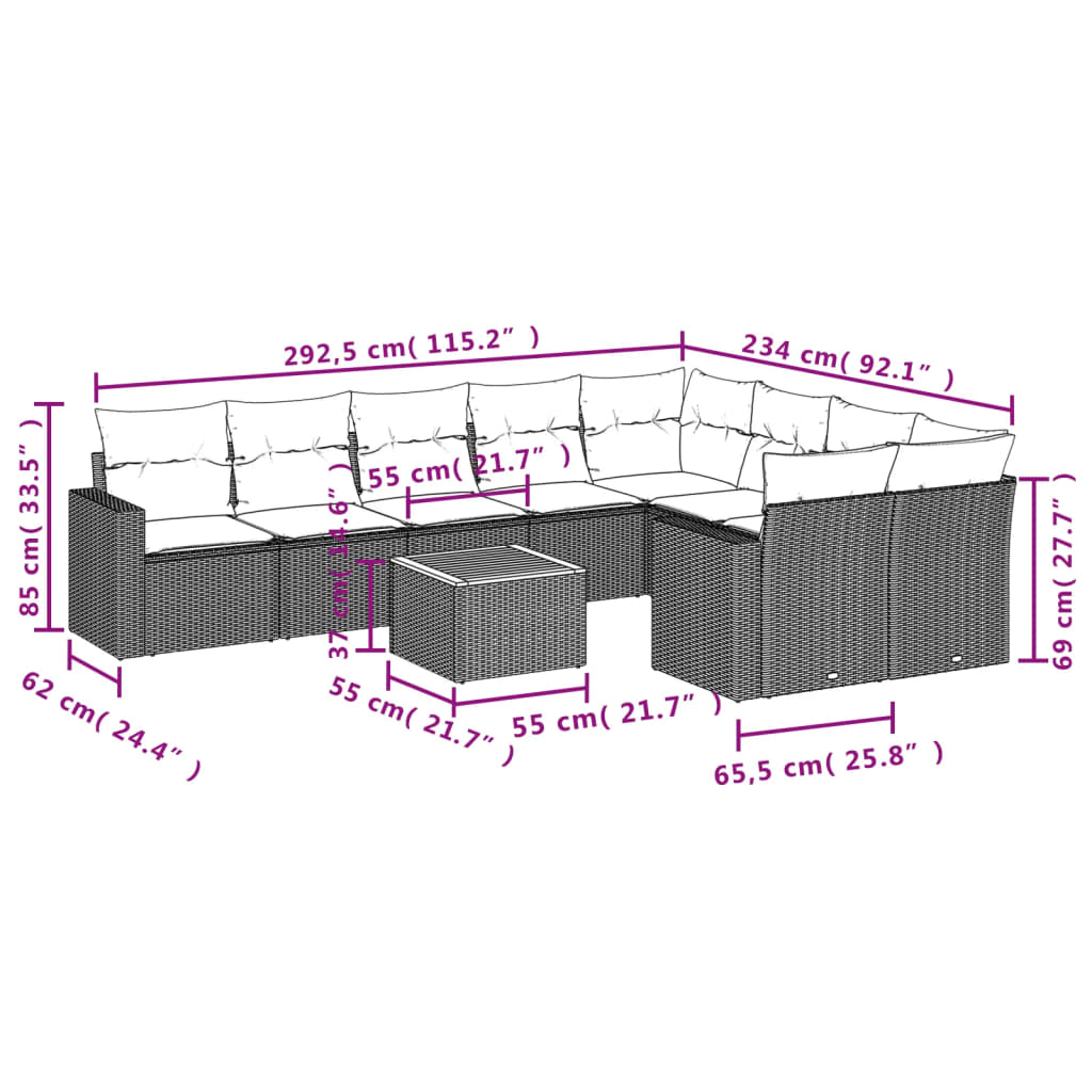 10-tlg. Garten-Sofagarnitur mit Kissen Schwarz Poly Rattan - Pazzar.ch