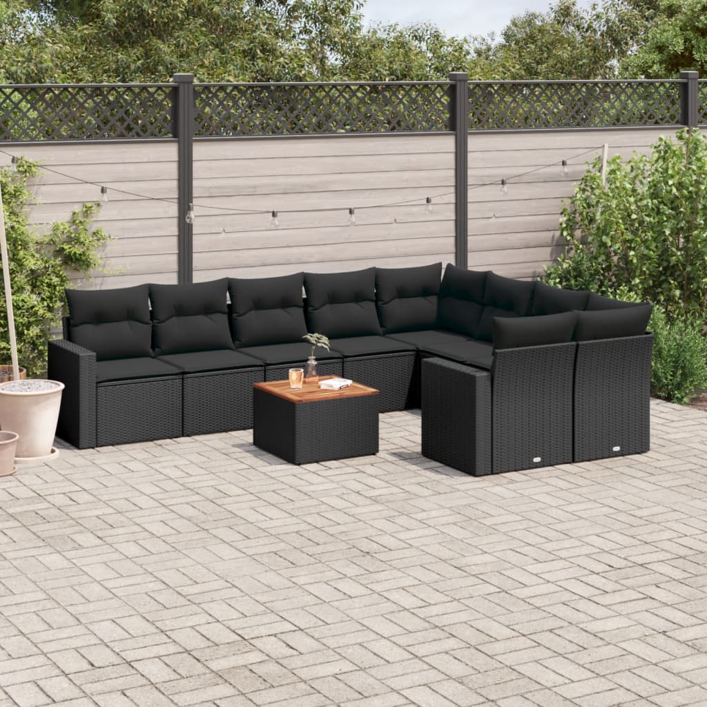 10-tlg. Garten-Sofagarnitur mit Kissen Schwarz Poly Rattan