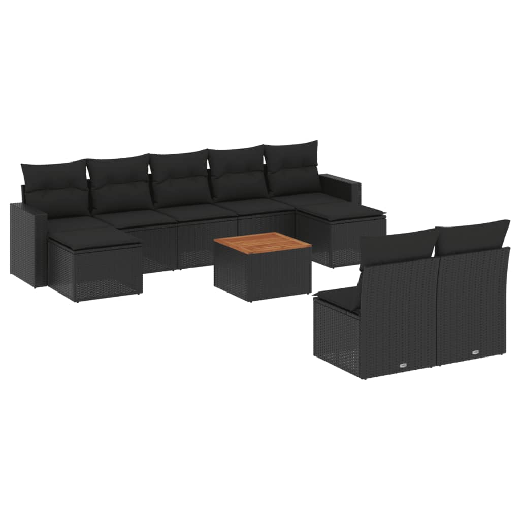 10-tlg. Garten-Sofagarnitur mit Kissen Schwarz Poly Rattan