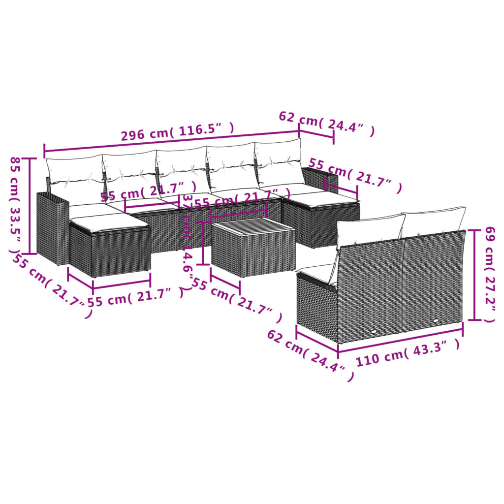 10-tlg. Garten-Sofagarnitur mit Kissen Schwarz Poly Rattan - Pazzar.ch