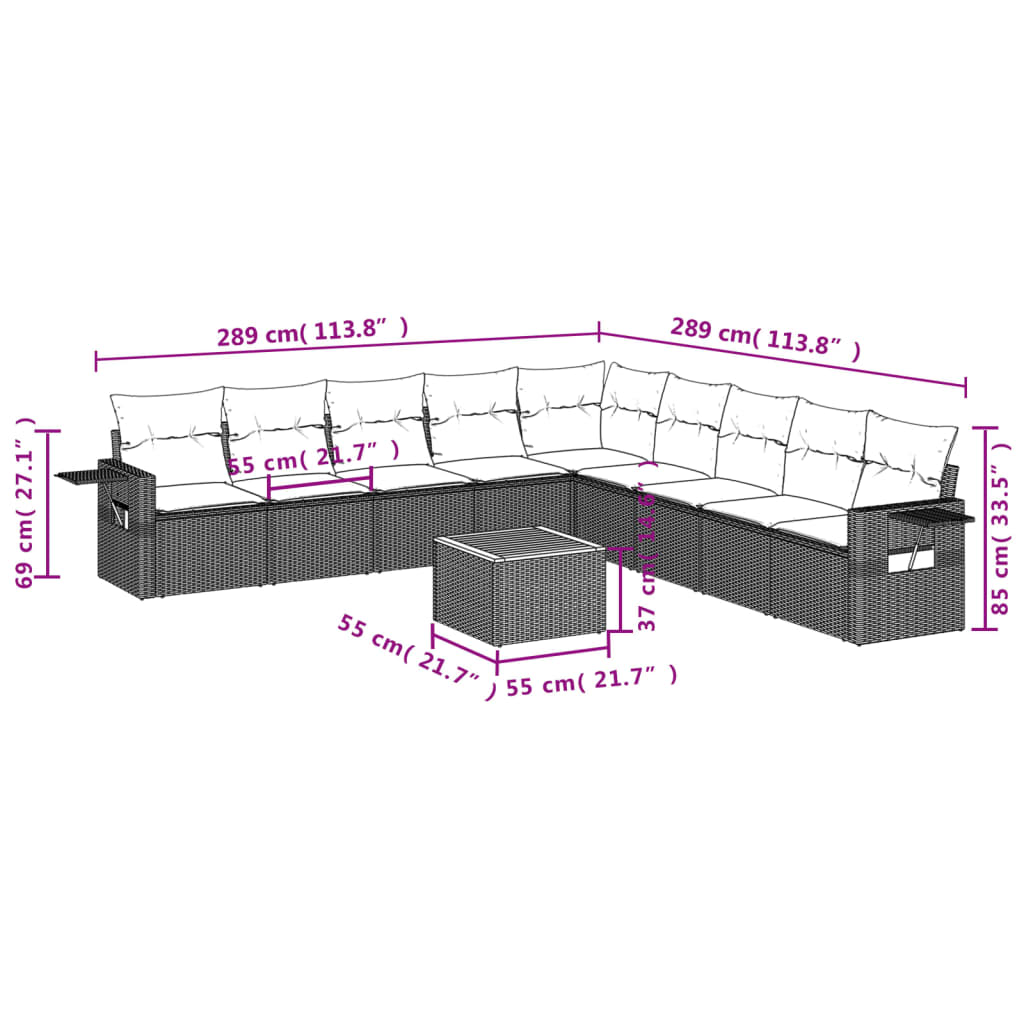 10-tlg. Garten-Sofagarnitur mit Kissen Schwarz Poly Rattan - Pazzar.ch