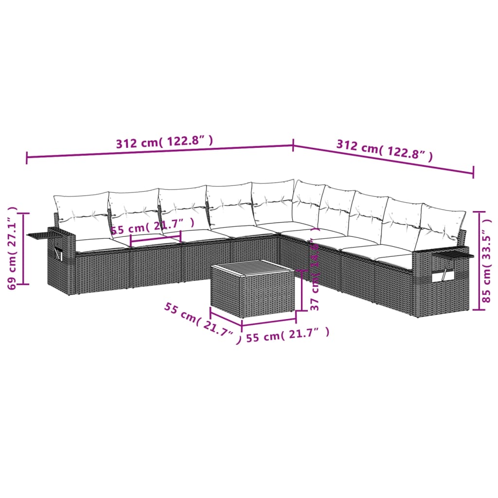 10-tlg. Garten-Sofagarnitur mit Kissen Grau Poly Rattan - Pazzar.ch