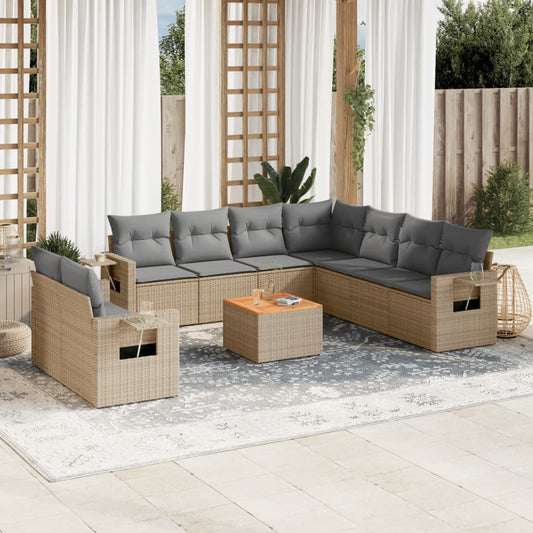 10-tlg. Garten-Sofagarnitur mit Kissen Beige Poly Rattan - Pazzar.ch