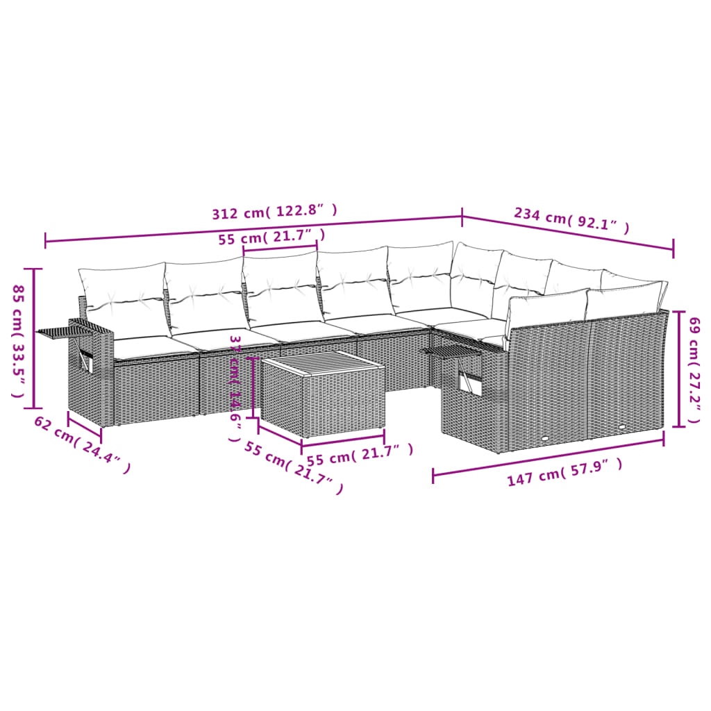 10-tlg. Garten-Sofagarnitur mit Kissen Schwarz Poly Rattan - Pazzar.ch