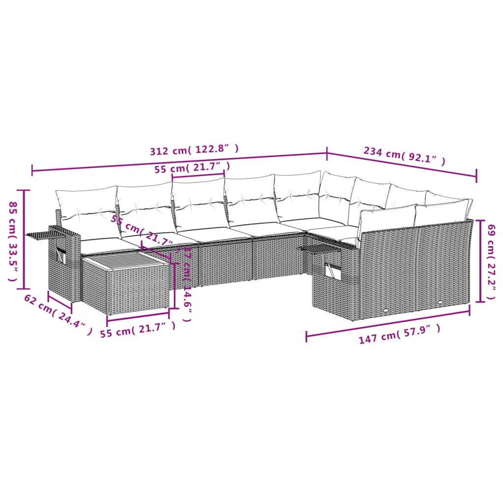 10-tlg. Garten-Sofagarnitur mit Kissen Schwarz Poly Rattan - Pazzar.ch