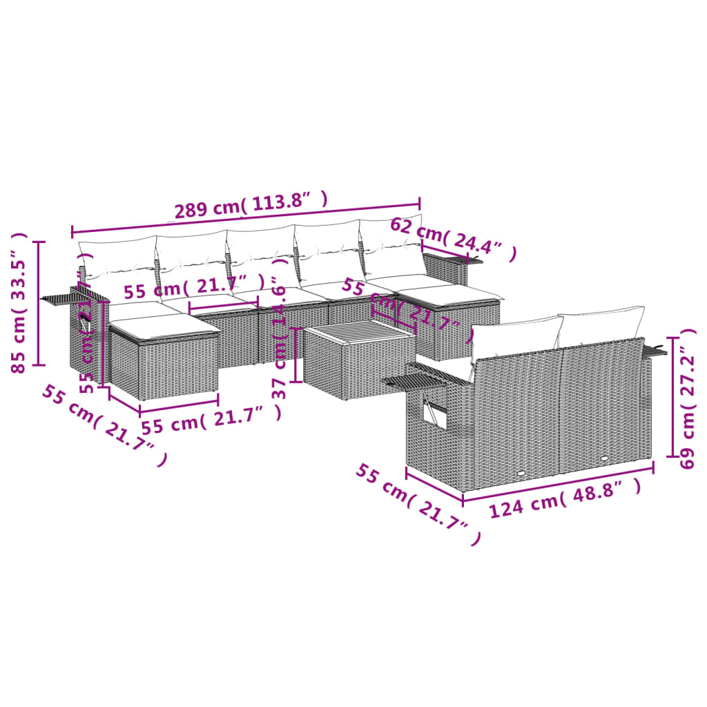 10-tlg. Garten-Sofagarnitur mit Kissen Schwarz Poly Rattan - Pazzar.ch